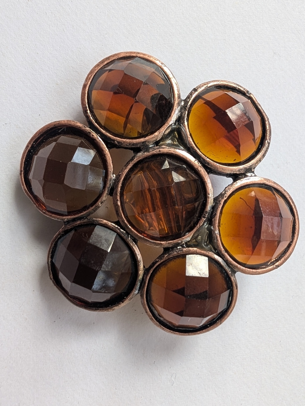 Vintage Retro Amber Rhinestone Flower Faceted Glass Pin Brooch